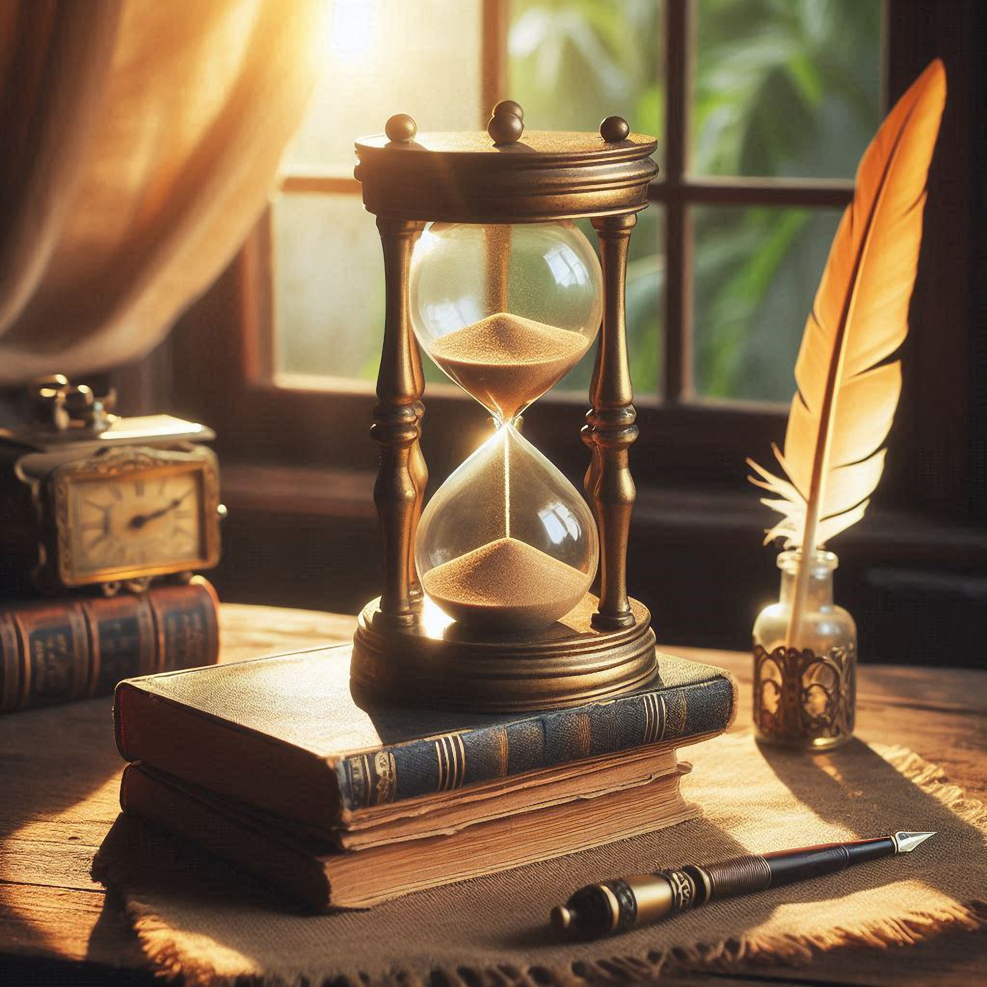 Scène vintage avec un sablier, des livres anciens, une horloge, une plume et un stylo sur une table ensoleillée.