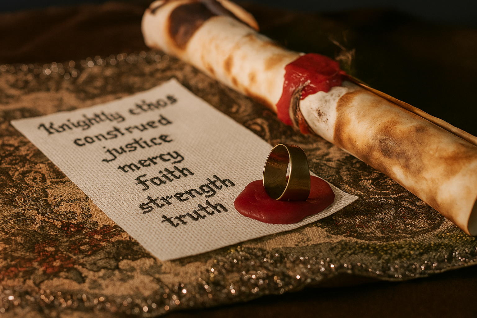 Parchemin scellé avec de la cire rouge et un anneau, posé sur un tissu décoratif avec du texte brodé.