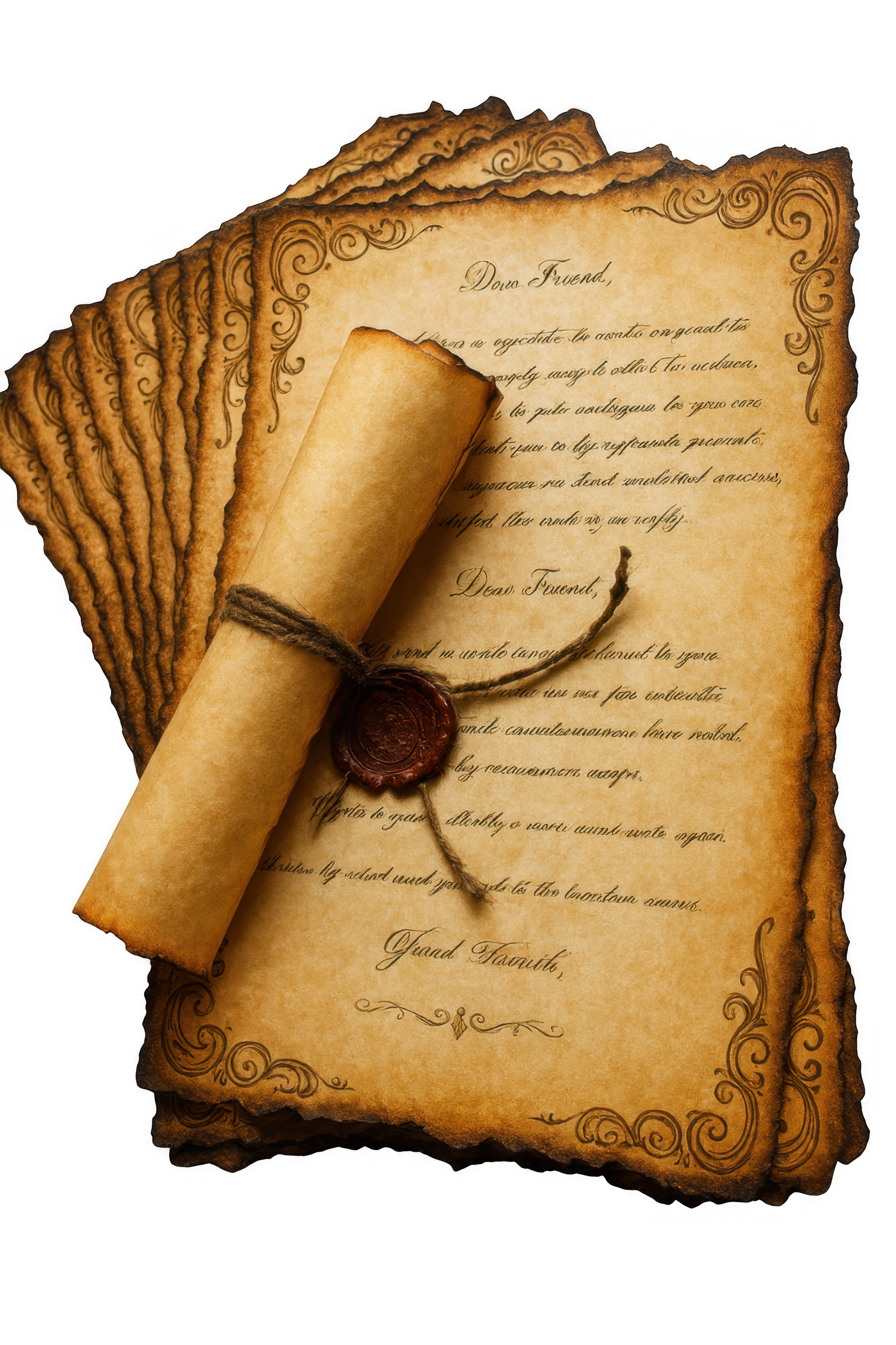 Lettre manuscrite sur un parchemin ancien, scellée d’un cachet de cire, évoquant l’amitié et la reconnaissance.