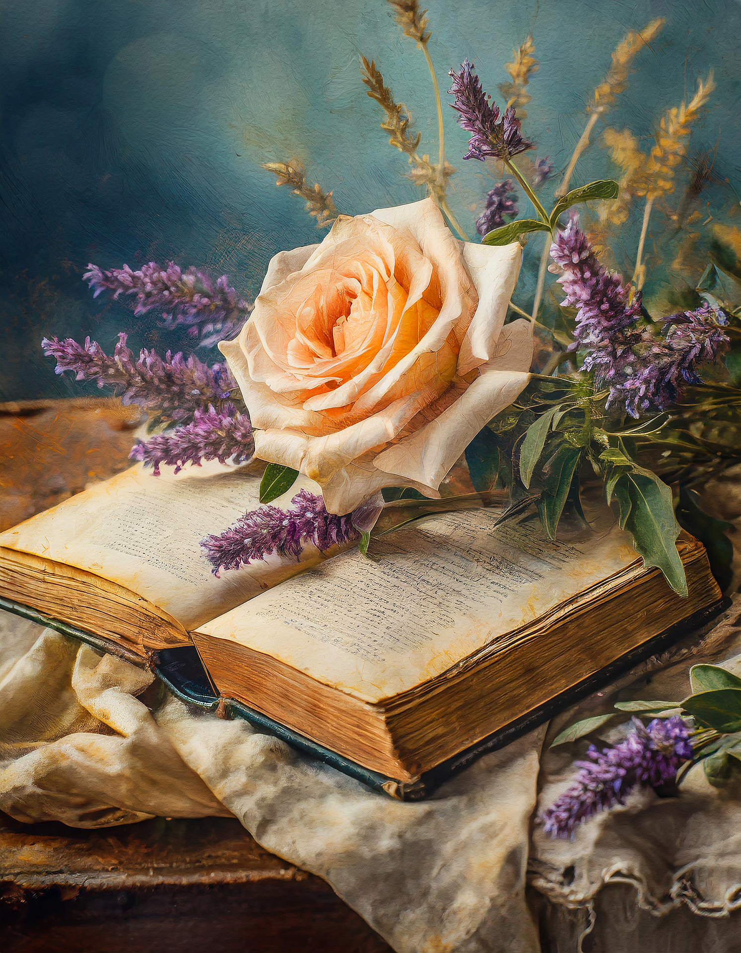 Rose pêche et de la lavande posées sur un livre ancien, ambiance romantique et nostalgique.