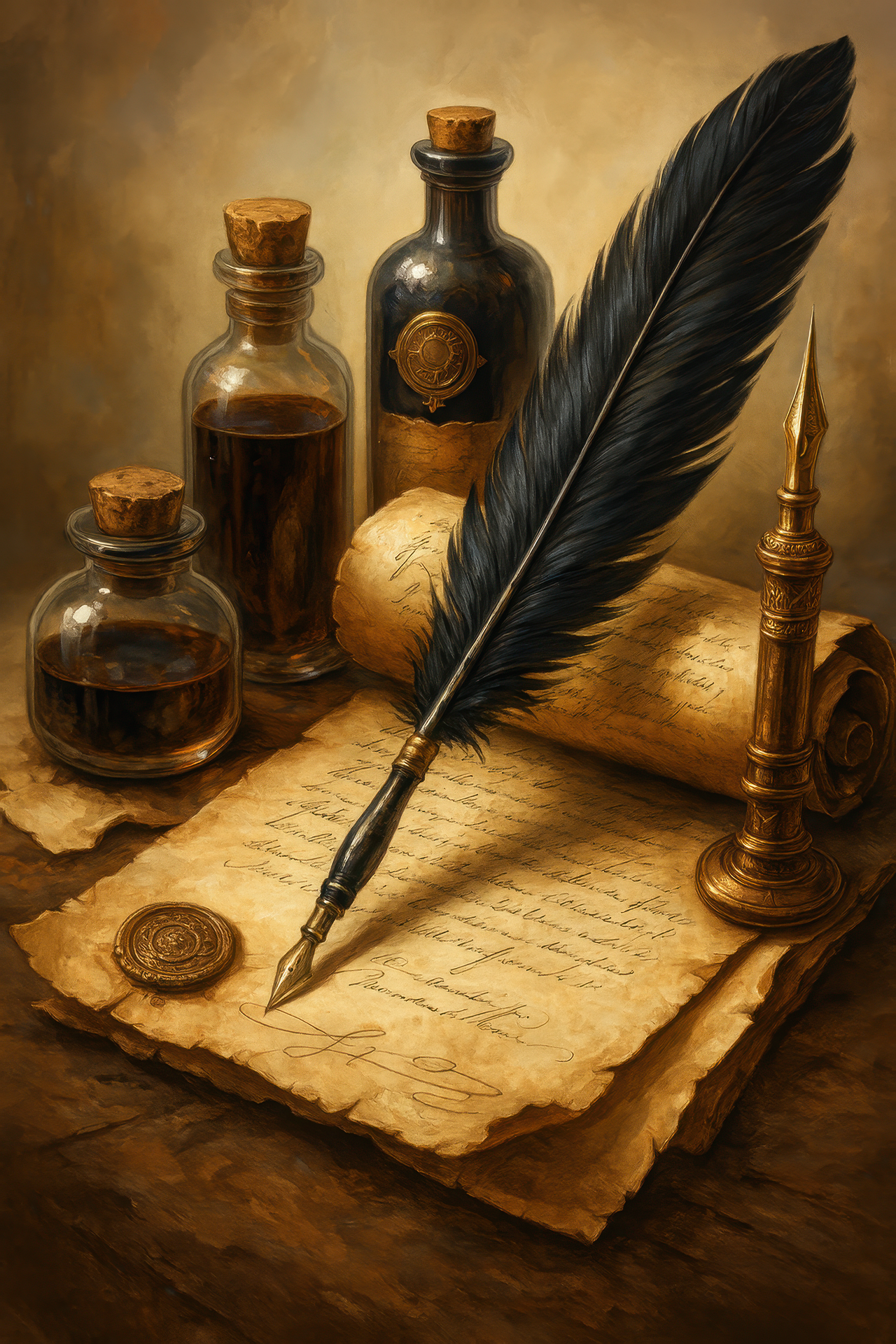 Bureau d’écriture ancien avec une plume, un parchemin, des encriers et un bougeoir, ambiance historique et raffinée.